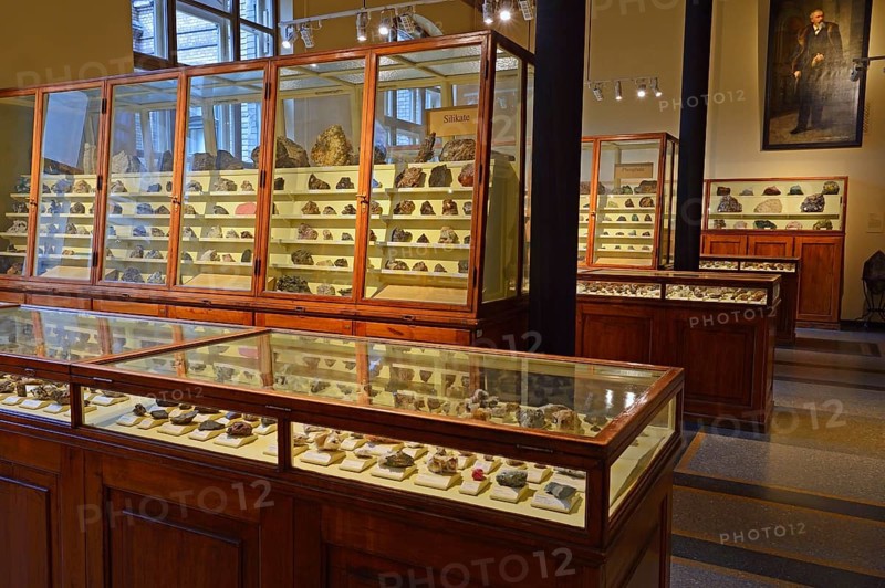 Various minerals in glass cabinets