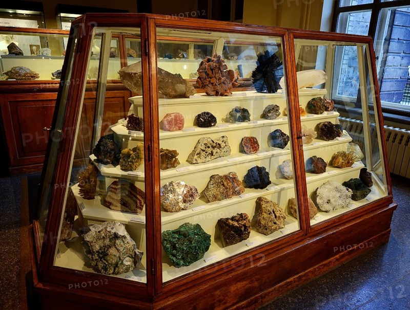 Various minerals in glass cabinets