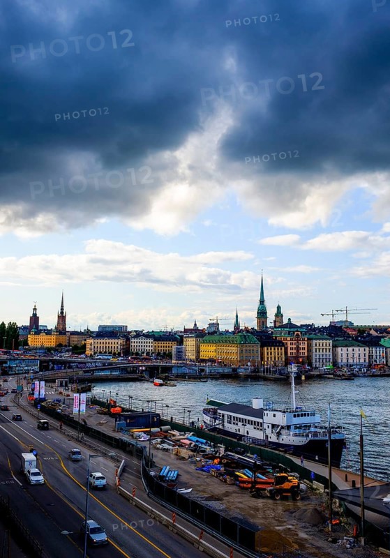 View of the historic centre Sodermalm and Gamla Stan with dark clouds