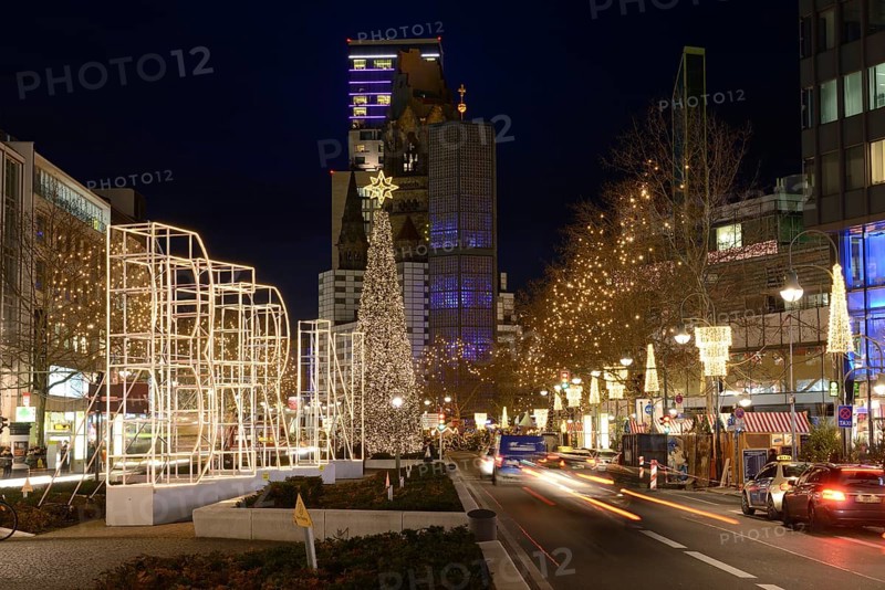 Memorial church and Waldorf Astoria Hotel with Christmas lights