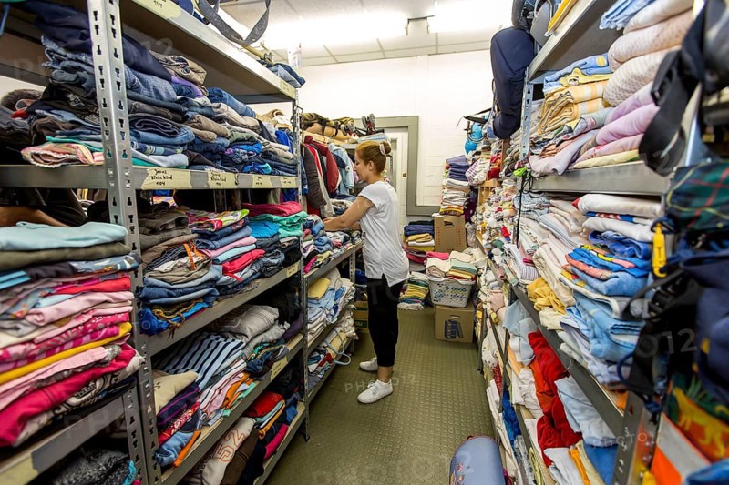 Warehouse with clothing for refugees