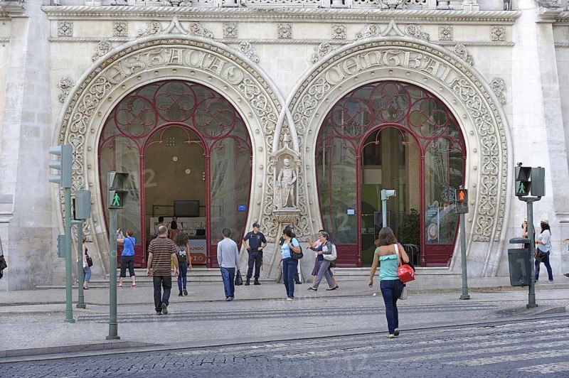 Gateways to the railway station in Manueline style at Rossio