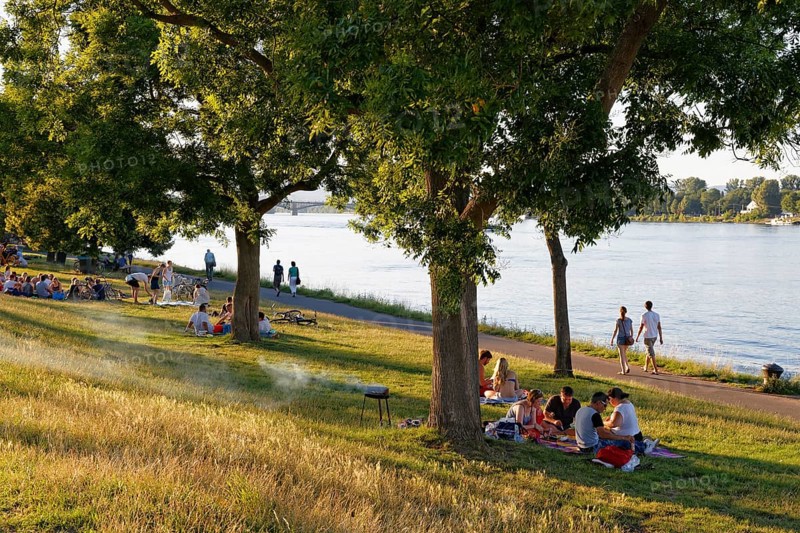 People having a barbecue on a summer evening on the bank of the river Rhine