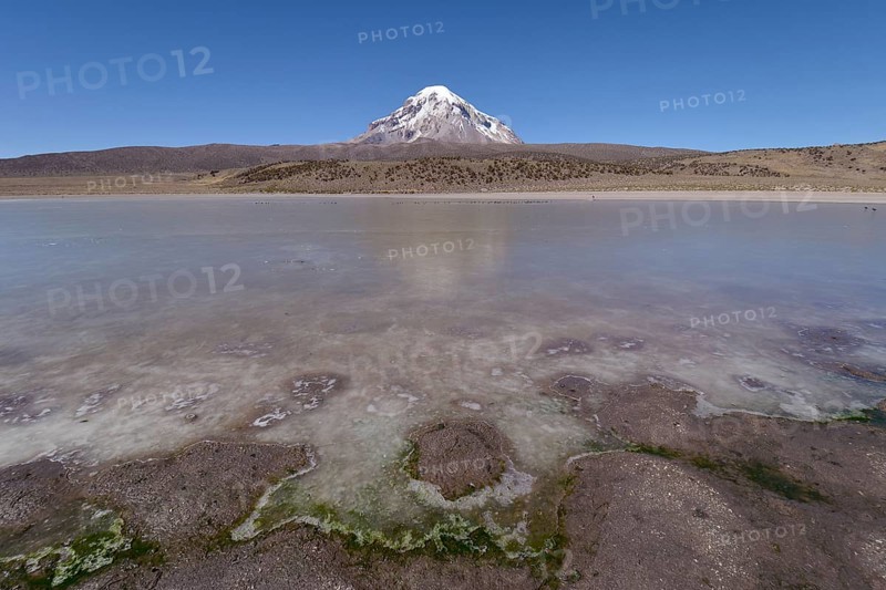 Sajama Volcano and frozen lake on Rio Sajama