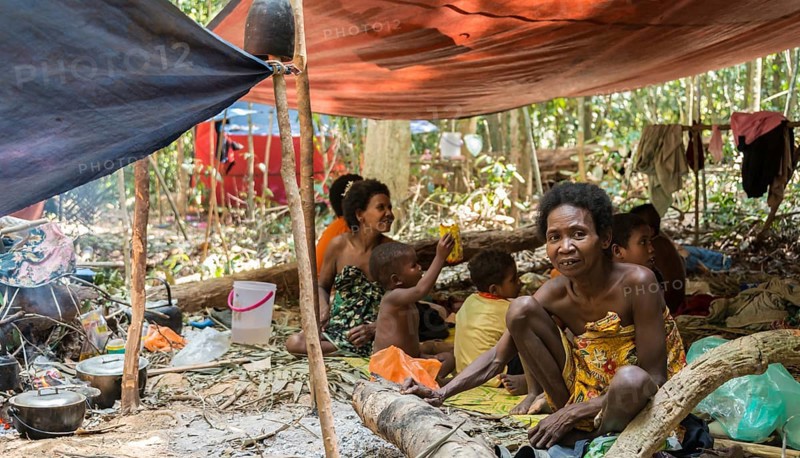 Women and children of the Orang Asil tribe sitting under tarpaulins in the jungle