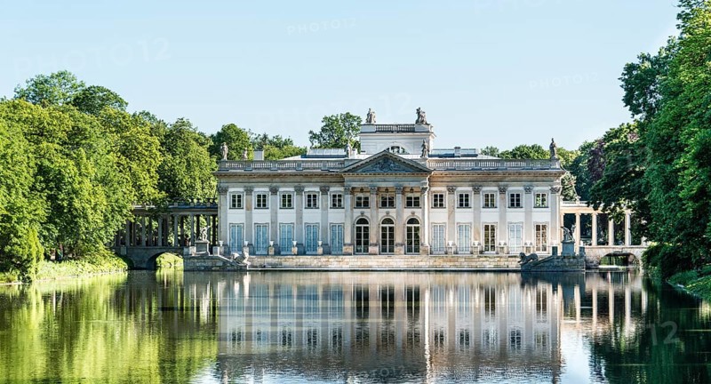Lazienki Palace with lake and park on an artificial island