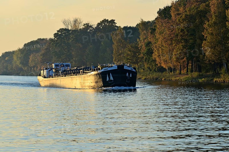Black Cargo Ship Yggdrasi on the Mittelland Canal