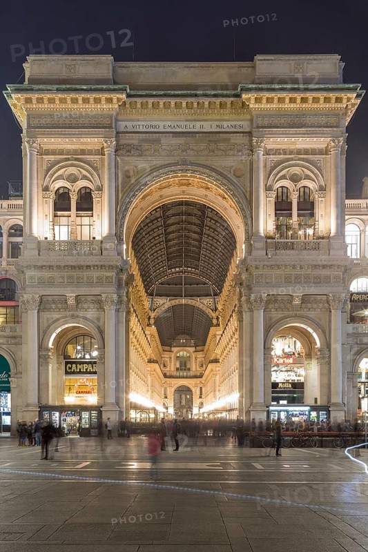 Arch at the entrance to the Galleria Vittorio Emanuele II at night