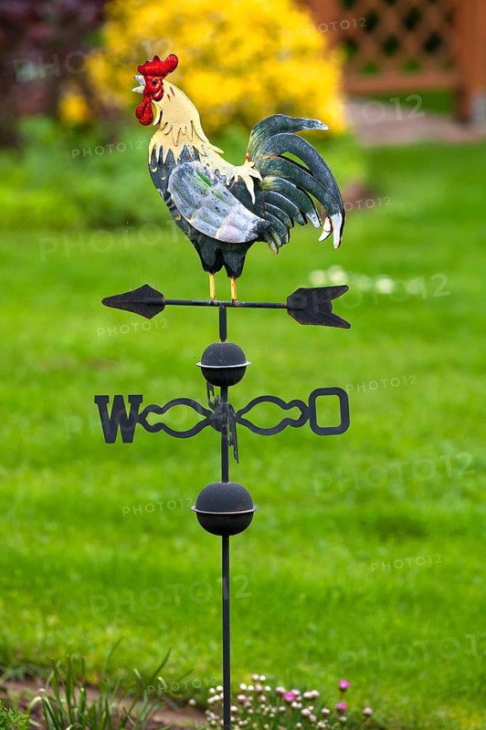 Weathercock made of sheet metal in a garden