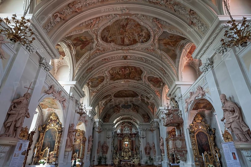 Vault and altar area of the baroque pilgrimage church of Maria Hilf