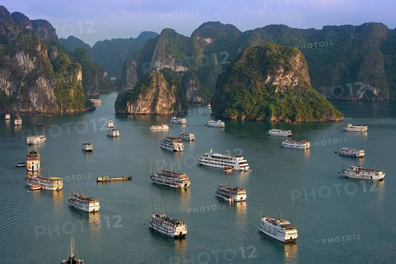 Junks and boats moored in Halong Bay or Vinh Ha Long