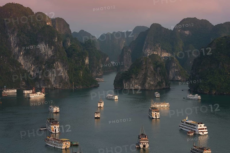 Junks and boats moored in Halong Bay or Vinh Ha Long