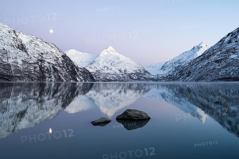 Moon and Portage Lake at twilight