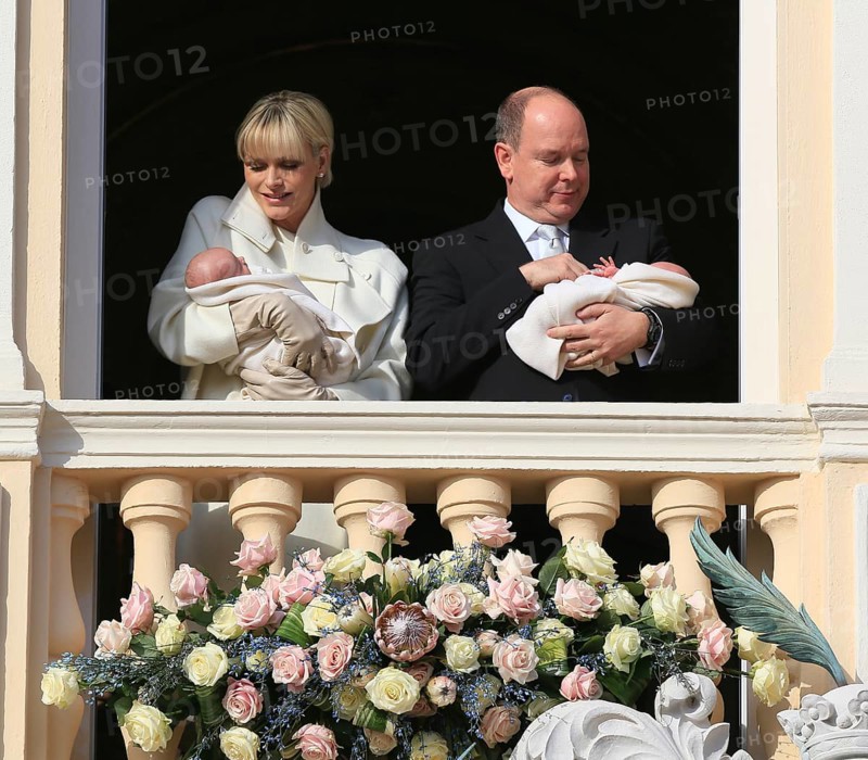 Princess Charlene and Prince Albert II of Monaco presenting their twins Prince Jacques and Princess Gabrielle at the palace window to the public for the first time