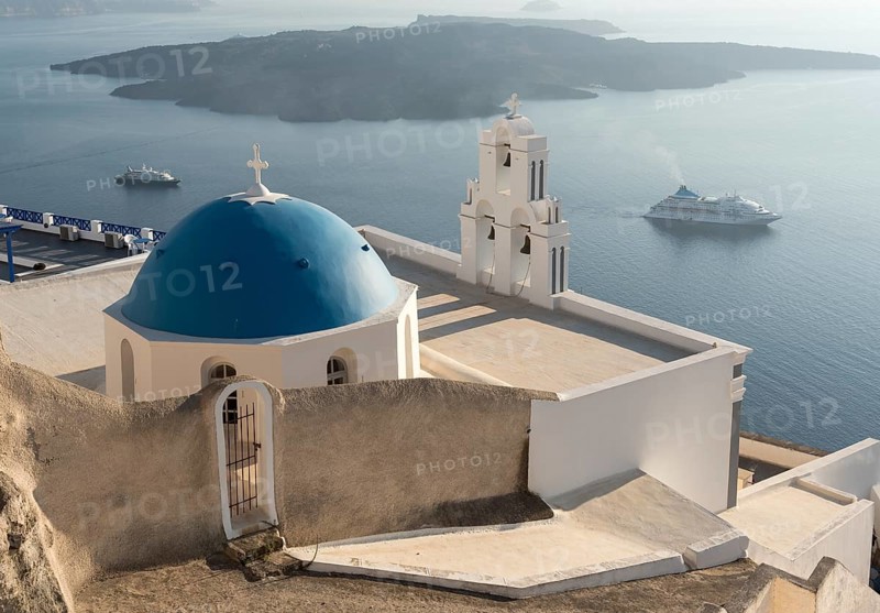 Blue dome and bell-tower of Firostefani Church