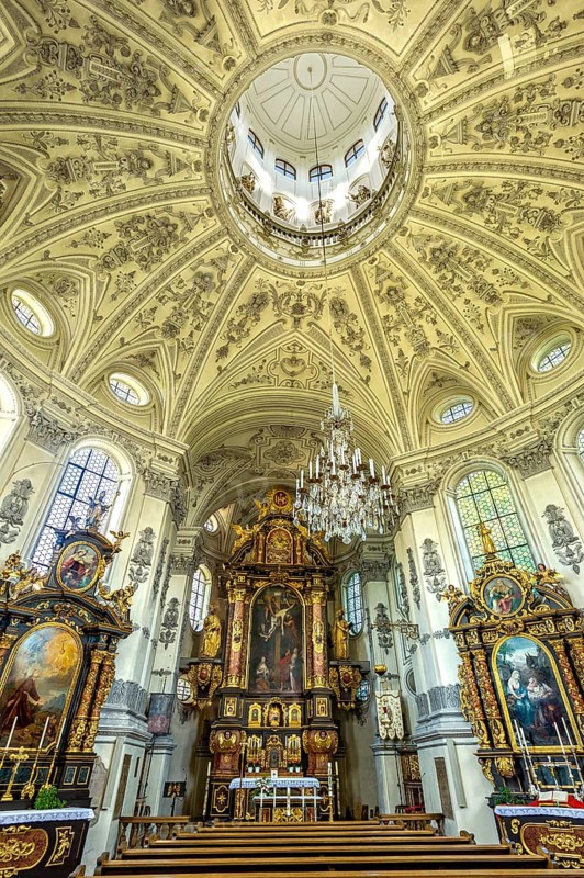 Interior of the baroque pilgrimage church of Maria Birnbaum with organ and side altars