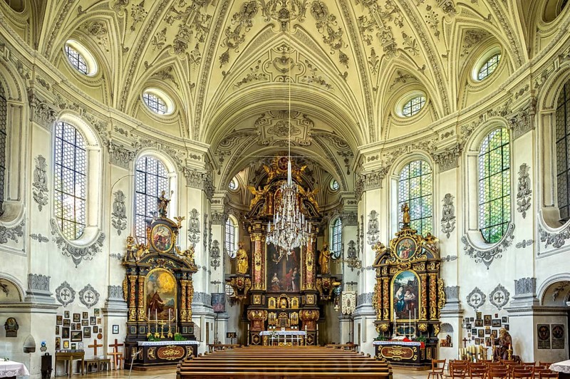 Interior of the baroque pilgrimage church of Maria Birnbaum with high altar and side altars