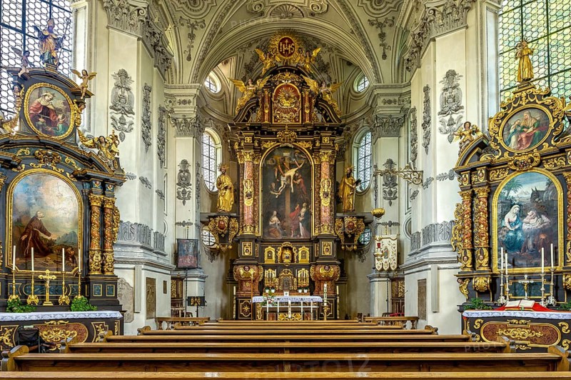 Interior of the baroque pilgrimage church of Maria Birnbaum with high altar and side altars
