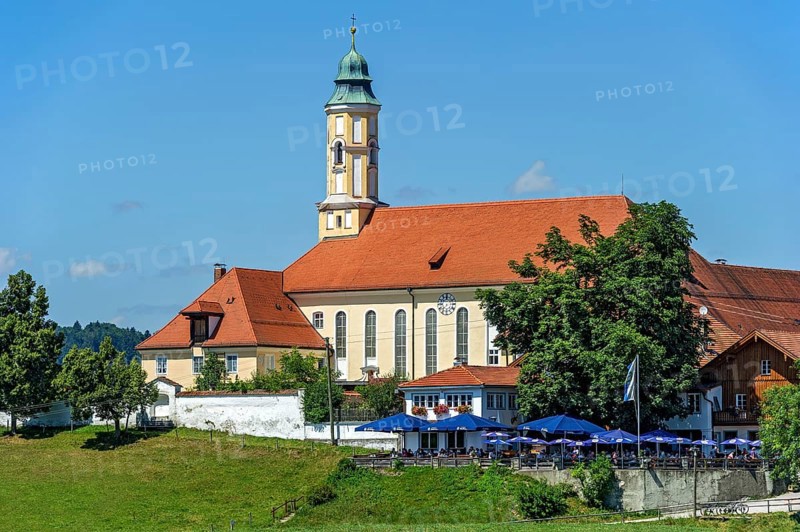 Annunciation church and beer garden of Reutberg abbey