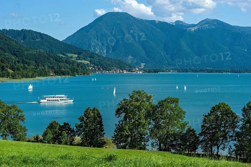 View over Lake Tegernsee on Tegernsee and the mountains Wallberg