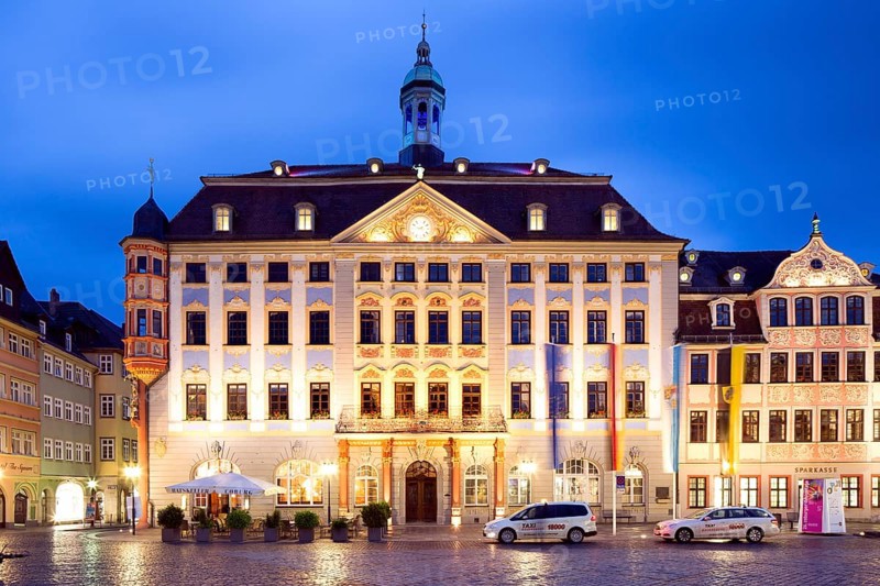 New Town Hall on the market square at dusk