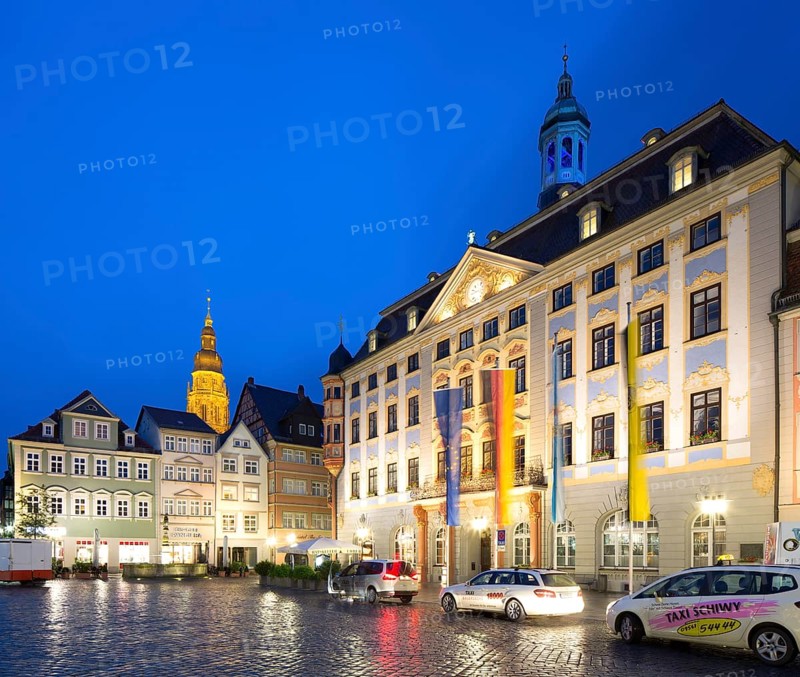 New Town Hall on the market square at dusk