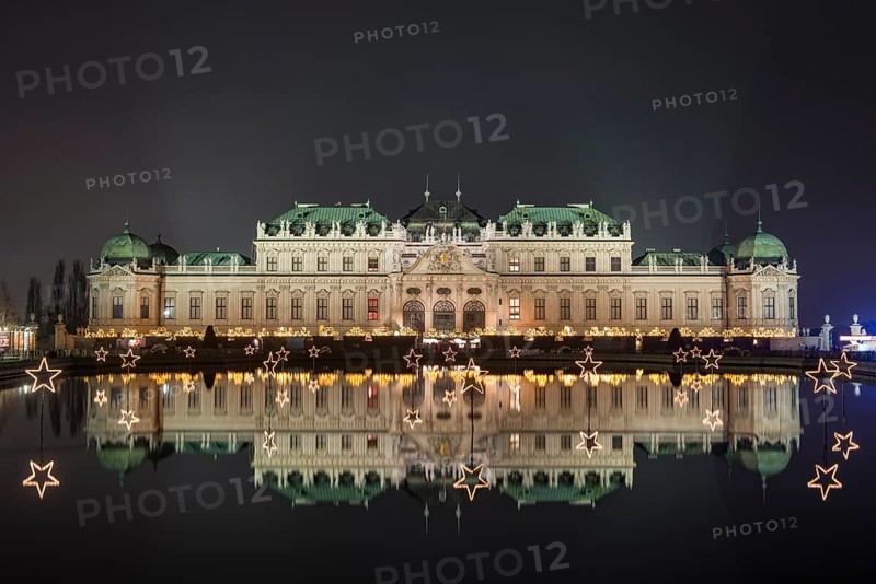 Belvedere Castle with Christmas lights at night