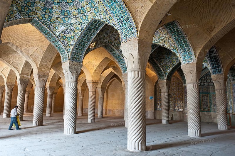 Decorated pillars in the prayer hall of the mosque Wakil also Vakil Mosque or Masjid-e Vakil