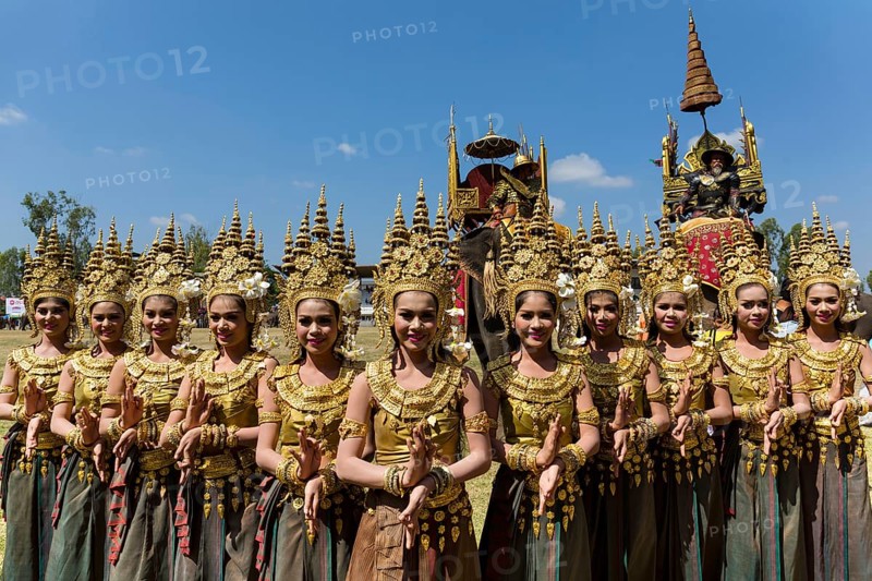 Apsara dancers in traditional costumes at the Elephant Festival