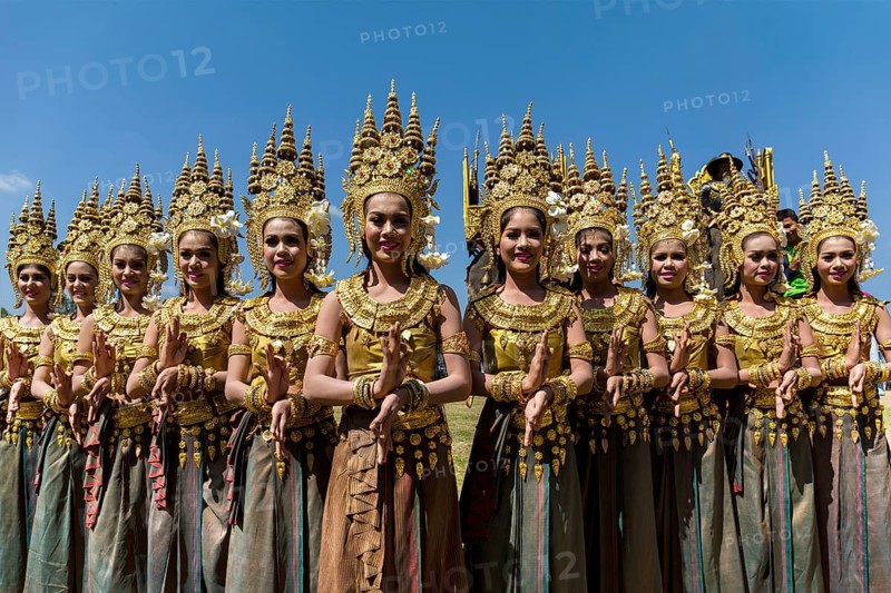 Apsara dancers in traditional costumes at the Elephant Festival