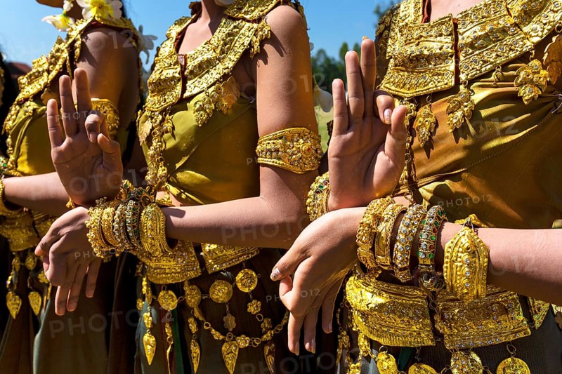 Apsara dancers in traditional costumes at the elephant festival