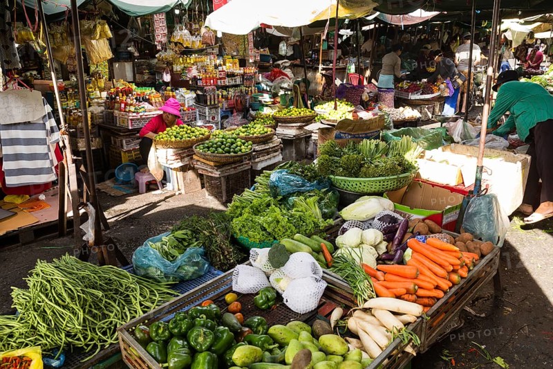 Vegetable and fruit stalls on the Khan Daun Penh market in Phnom