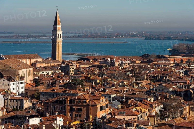 View of historic centre with church San Francesco della Vigna over the lagoon