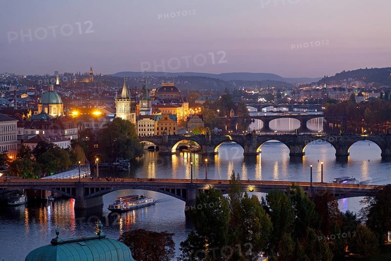 iew from the Letna hill on Moldova and bridges at night