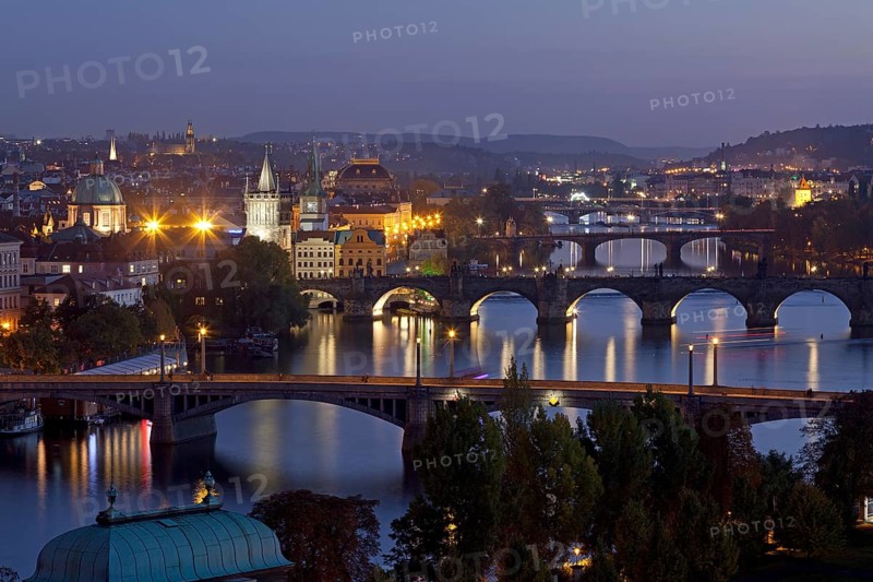 iew from the Letna hill on Moldova and bridges at night