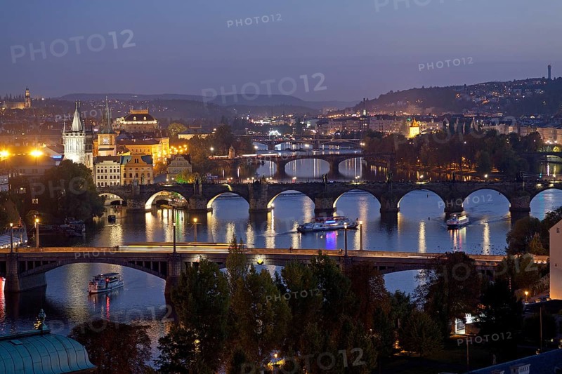 iew from the Letna hill on Moldova and bridges at night