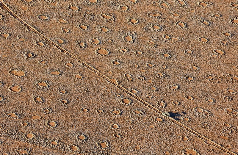 A vehicle of the balloon ground crew crosses a sandy plain with so-called Fairy Circles at the edge of the Namib Desert