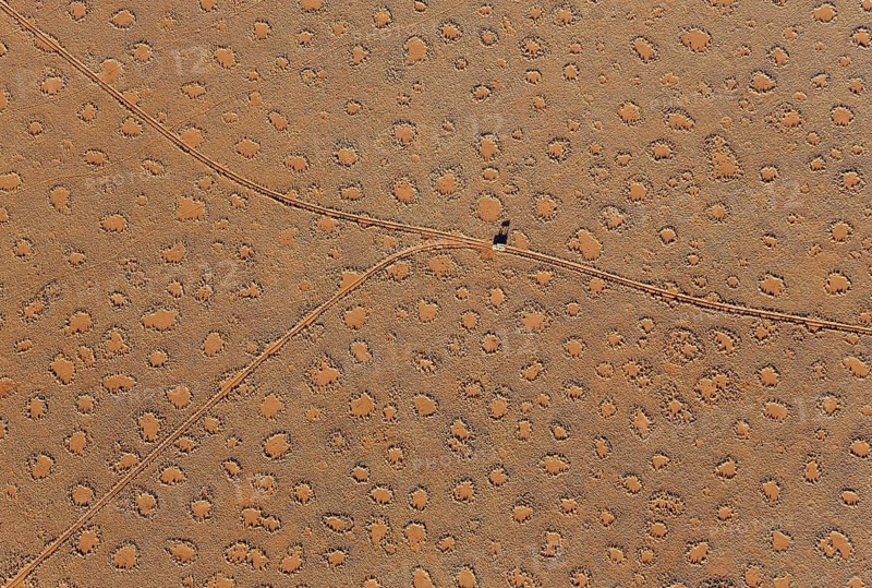 A vehicle of the balloon ground crew crosses a sandy plain with so-called Fairy Circles at the edge of the Namib Desert