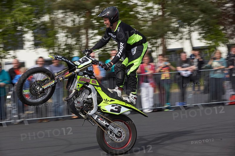 Motorcycle stuntman Mike Auffenberg during the ADAC motorbike startup day