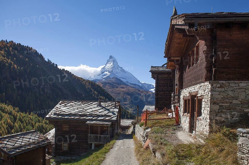 Valais timber houses in the mountain village Findeln with Matterhorn