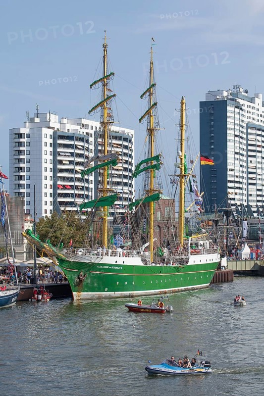 Hospitality ship Alexander von Humboldt II in the Neuer Hafen harbour with Columbus Center at the Sail 2015 festival