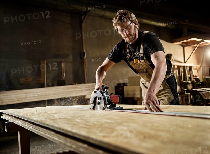 Carpenter cutting chipboard with a circular saw