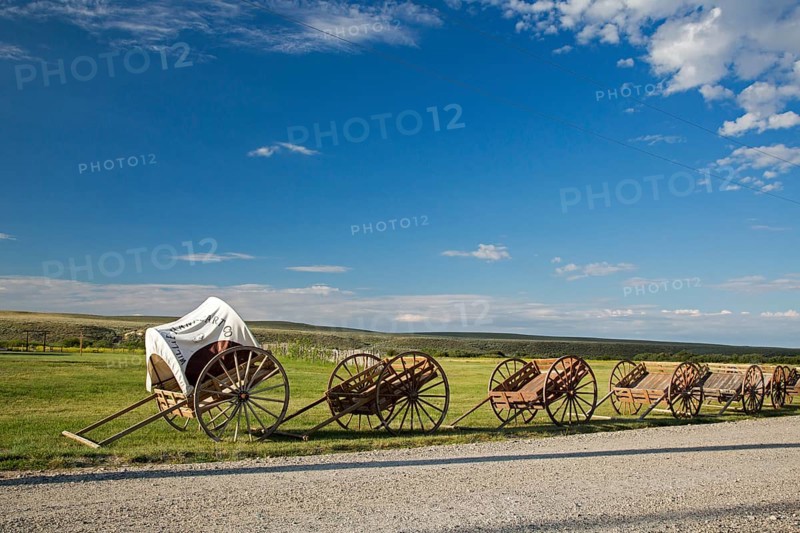 Handcarts on display at Mormon Handcart Historic Site where Mormon pioneers crossed Sweetwater River for the sixth time