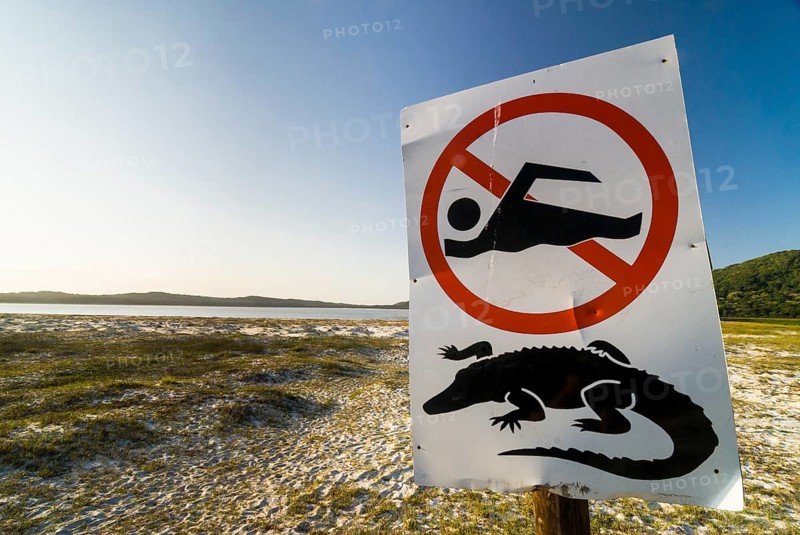 Warning sign for crocodiles and swimming ban