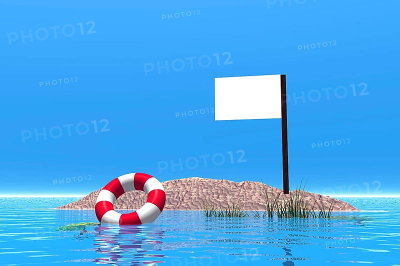 Empty sign and swimming tire in the sea on an island