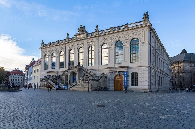 The Transport Museum on Neumarkt square at dusk