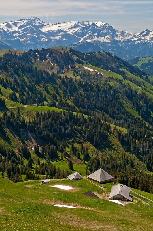 Pre-alpine landscape with alpine cabins
