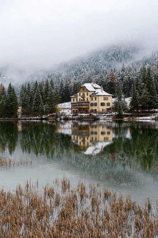 Snow-covered forest and houses reflected in Lake Toblach