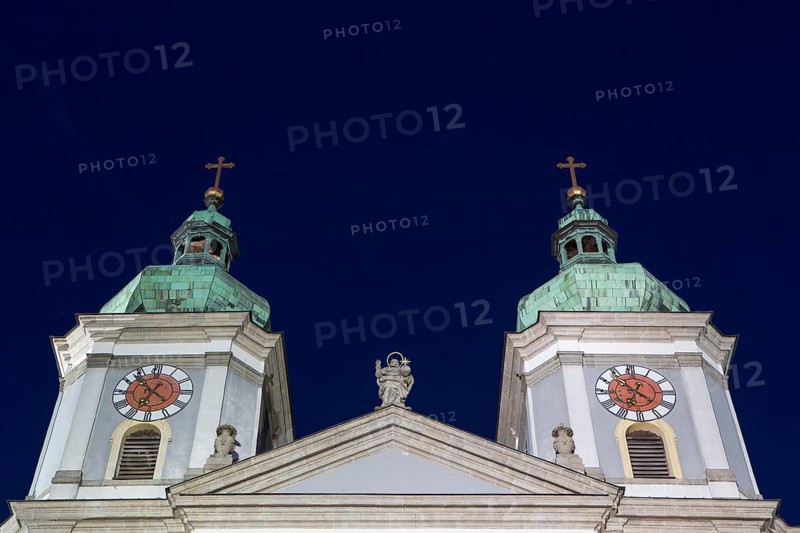 Twin onion domes of the Collegiate Basilica of Waldsassen against the night sky