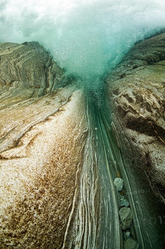Underwater view of a waterfall in the Verzasca River